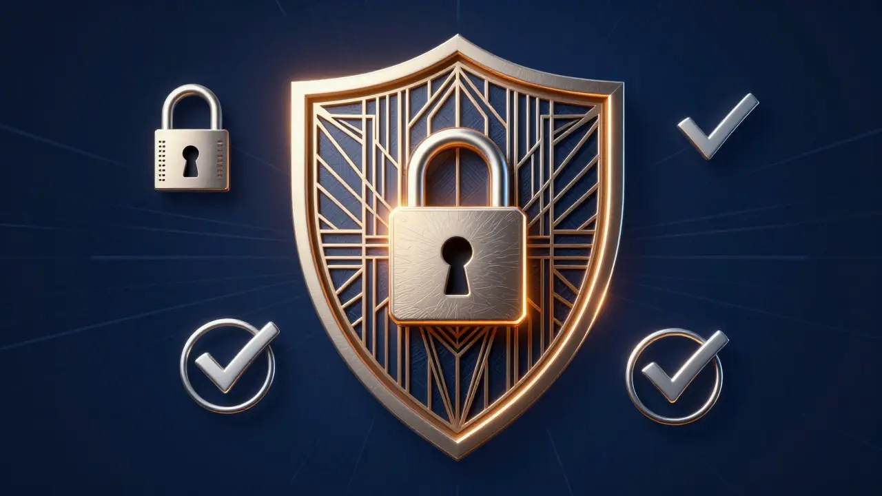 Art Deco shield emblem symbolizing secure and verified online pharmacy safety