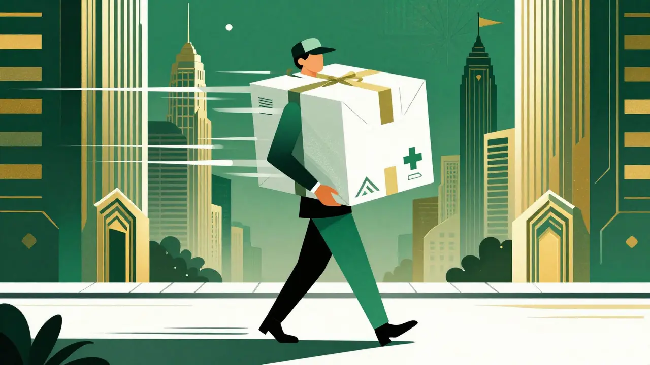 Art Deco style image of a courier delivering a medication package in a city