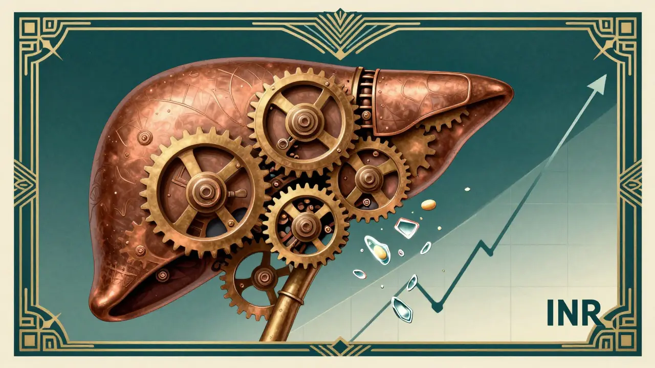 Art Deco style image of liver enzymes breaking down warfarin, leading to lower INR levels.