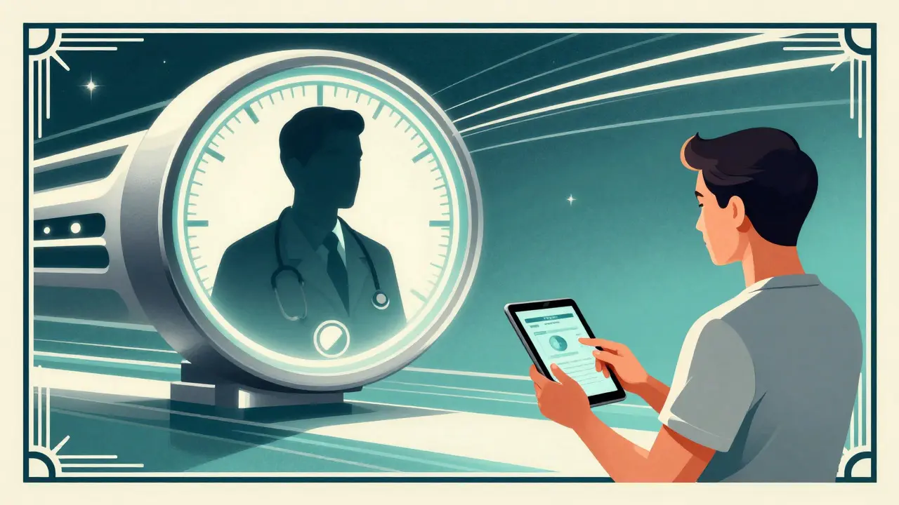 Art Deco style image of telehealth consultation via tablet