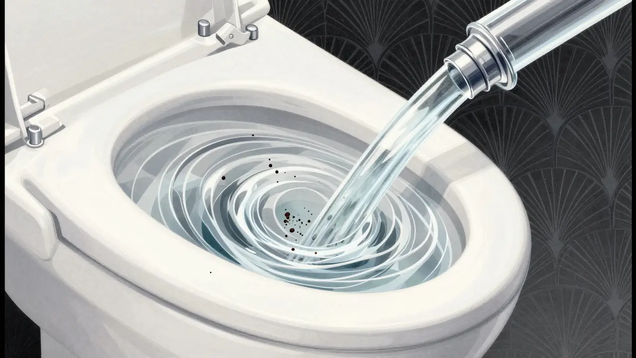 Art Deco style image of water flushing particles from a medical tube.