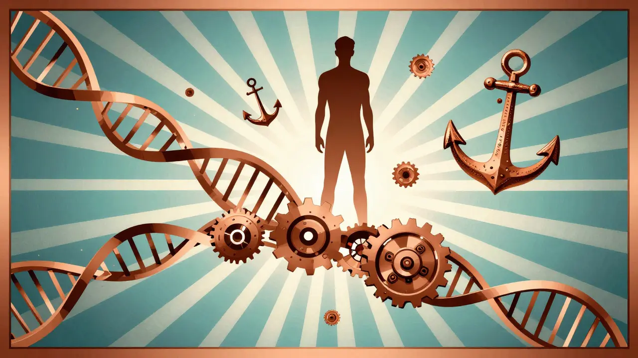 DNA strand turning into gears, showing genetic control