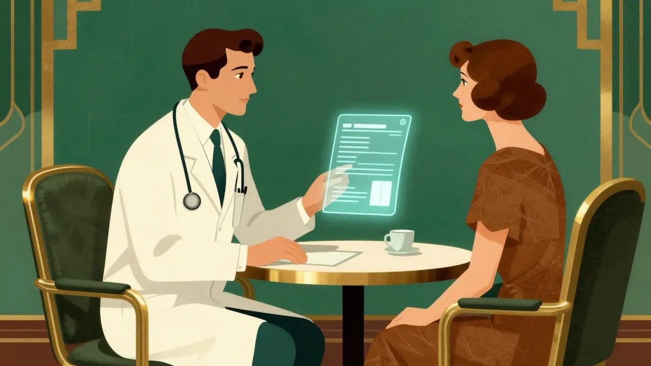 Doctor and patient in a telehealth consult with a floating prescription, Art Deco.