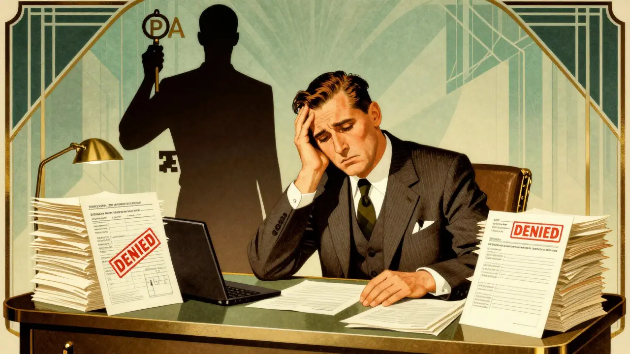 Doctor overwhelmed by paperwork and denial stamps, Art Deco illustration