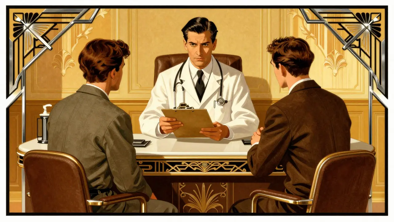 Doctor reviewing paperwork with patient in Art Deco office