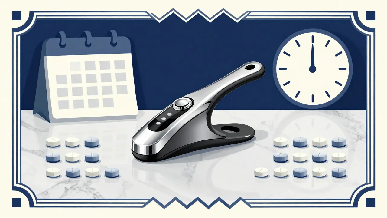 Elegant Art Deco depiction of a pill splitter and organized medication for safe dosing.