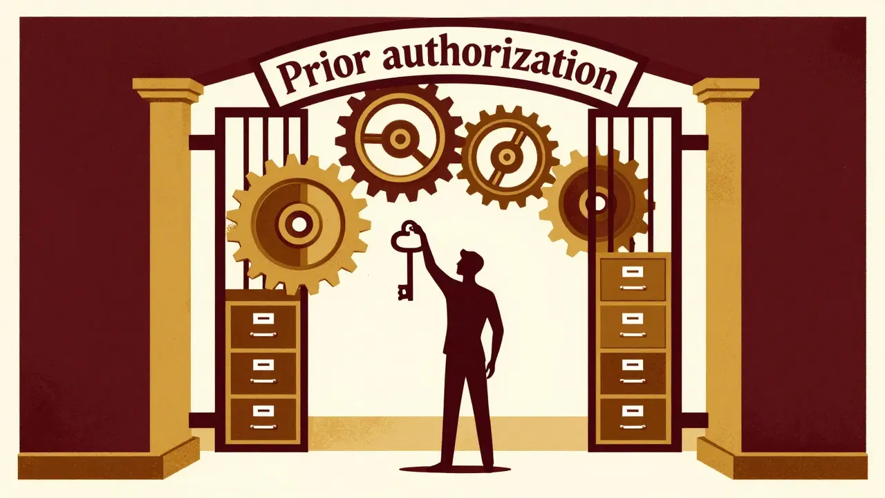 Figure facing bureaucratic gate symbolizing insurance approval