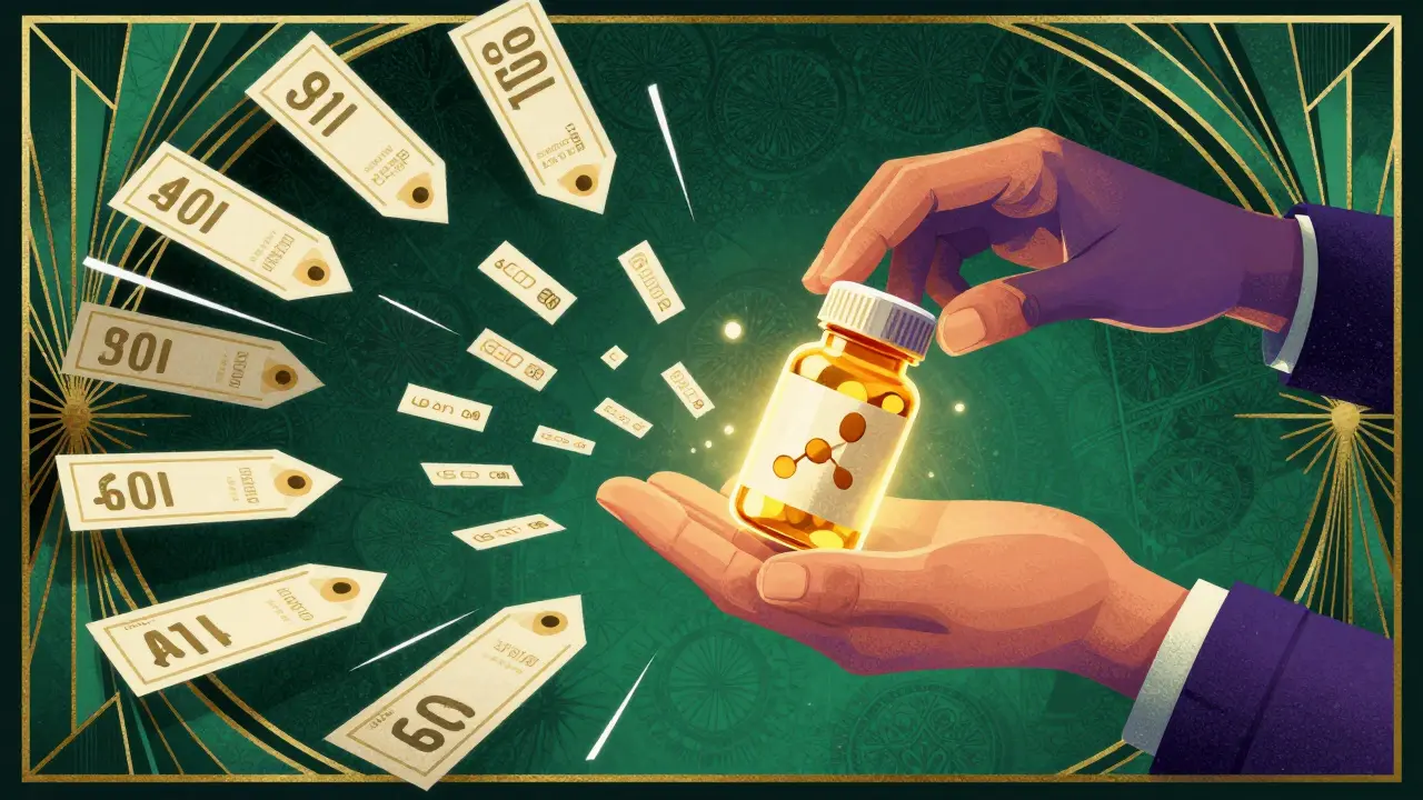 Hand grabbing golden pill bottle amidst discounts, Art Deco style