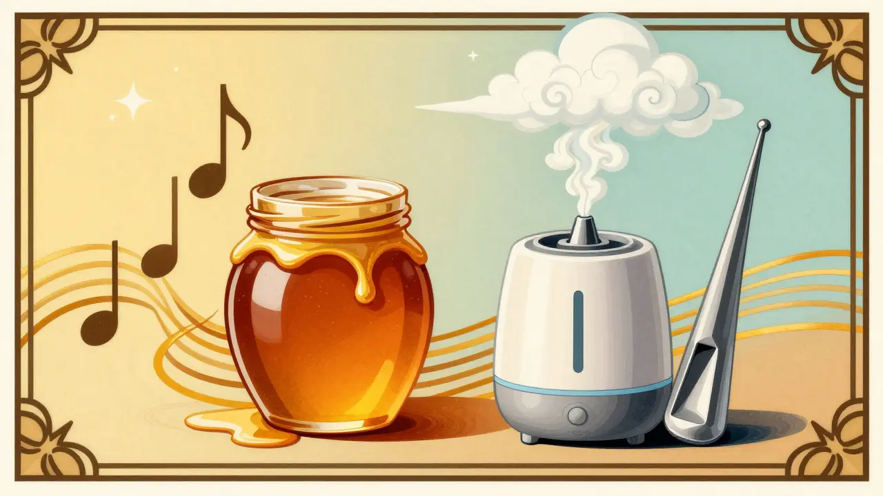 Honey and humidifier as safe cold remedies in Art Deco illustration