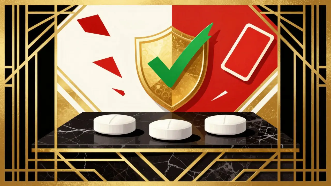 Medication tablets on marble with safety symbols in Art Deco advertising style.