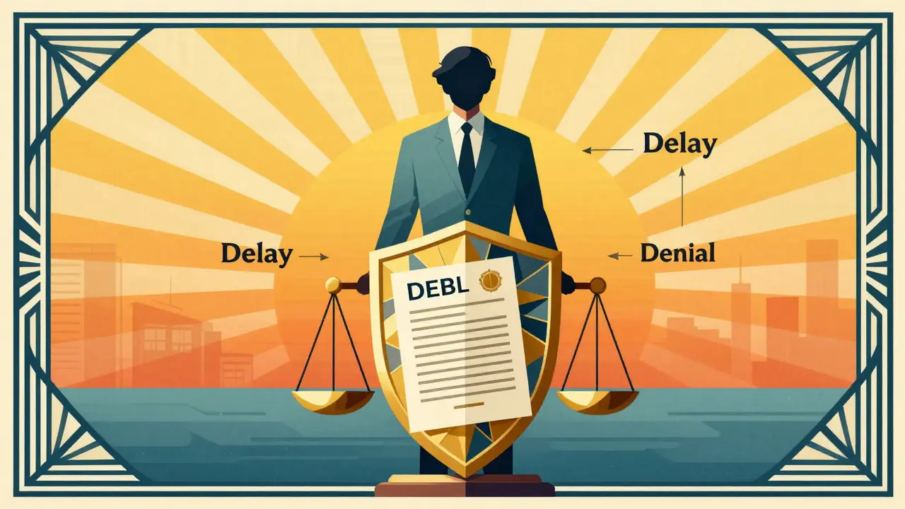 Patient protected by a shield of laws against delays, Art Deco style