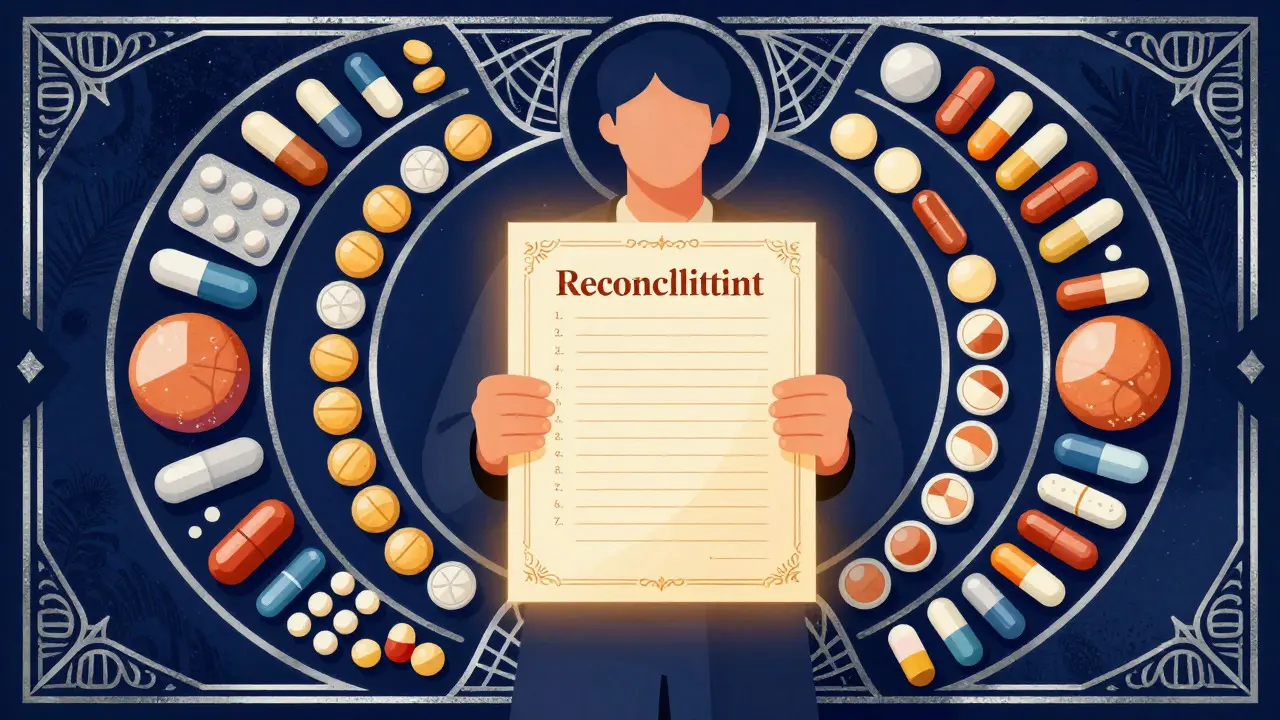 Person holding glowing medication list surrounded by geometric pills