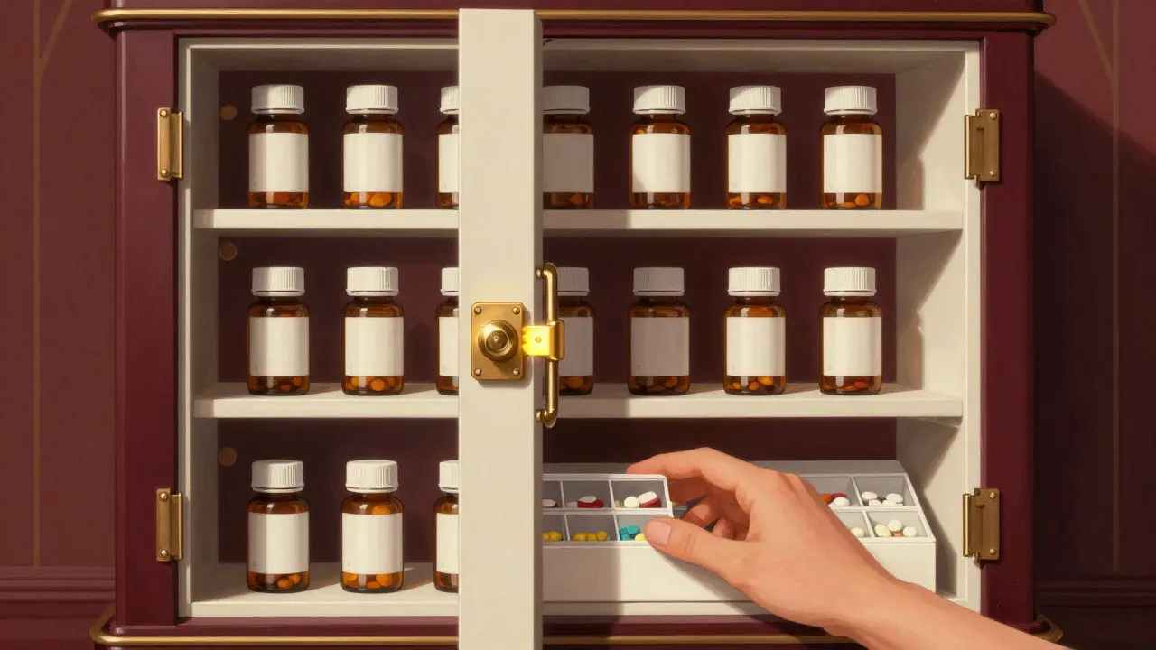 Secure medicine cabinet with organized pills and child lock