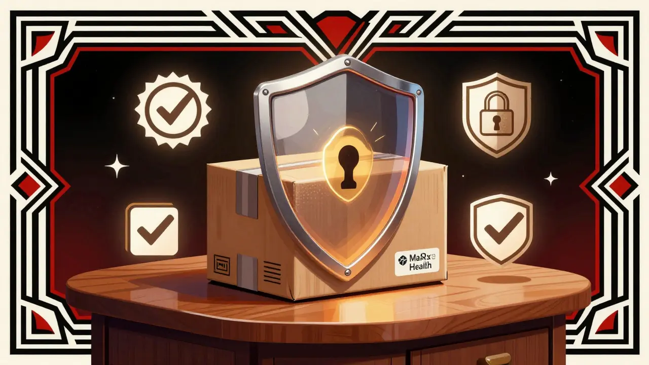 Secure medicine package with safety shields, Art Deco illustration