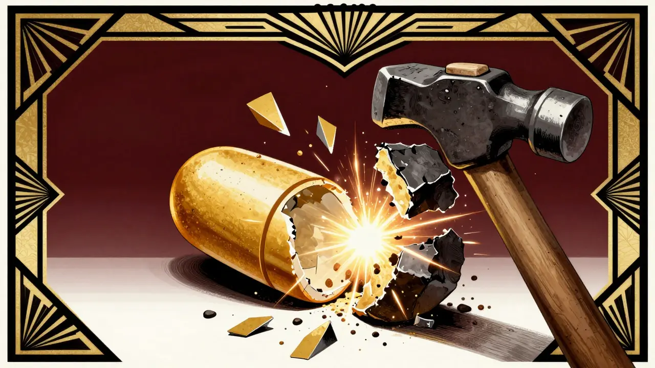Stylized Art Deco image showing a pill being crushed, symbolizing destroyed drug coatings.
