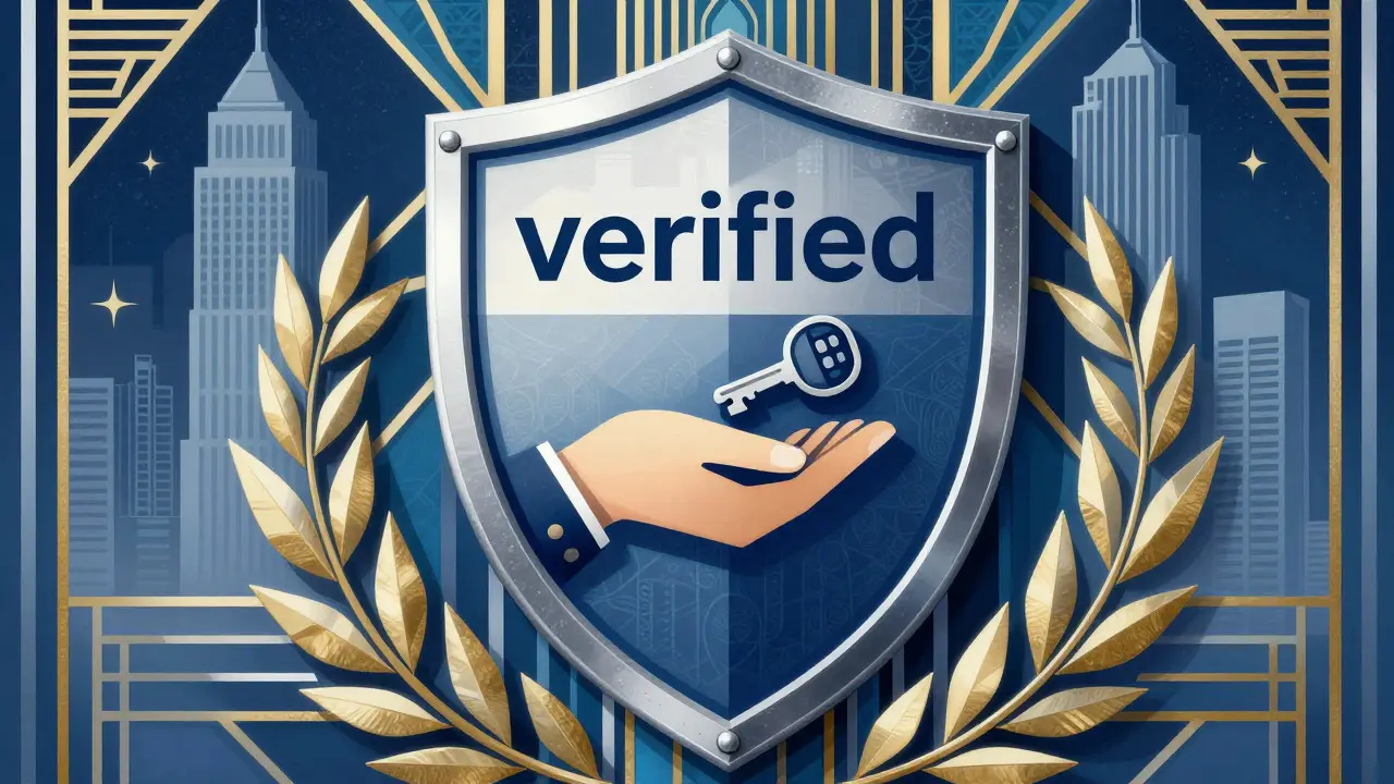 A decorative shield with a key symbolizing safe online pharmacy purchases in Art Deco style