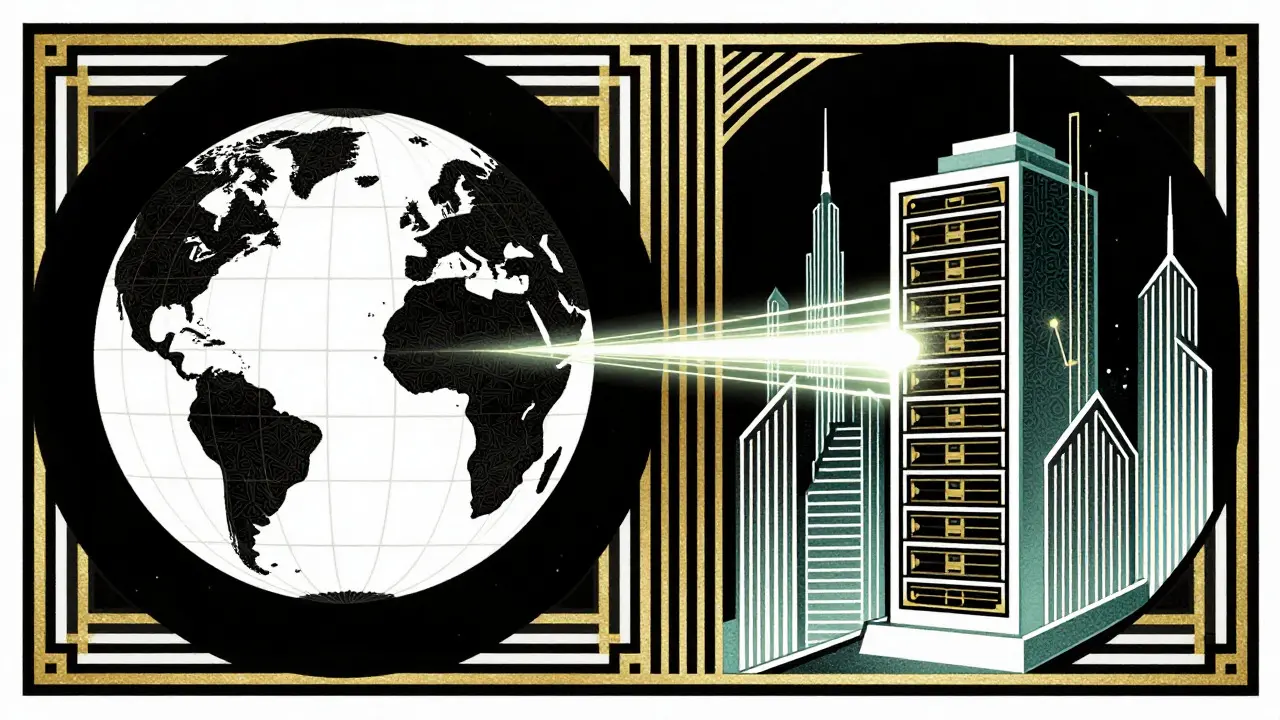 Art Deco depiction of a globe connected to a futuristic server via data beams