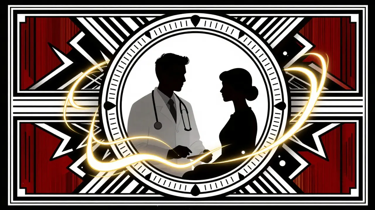 Art Deco illustration of a doctor and patient connected by golden waves inside an ornate circular frame.