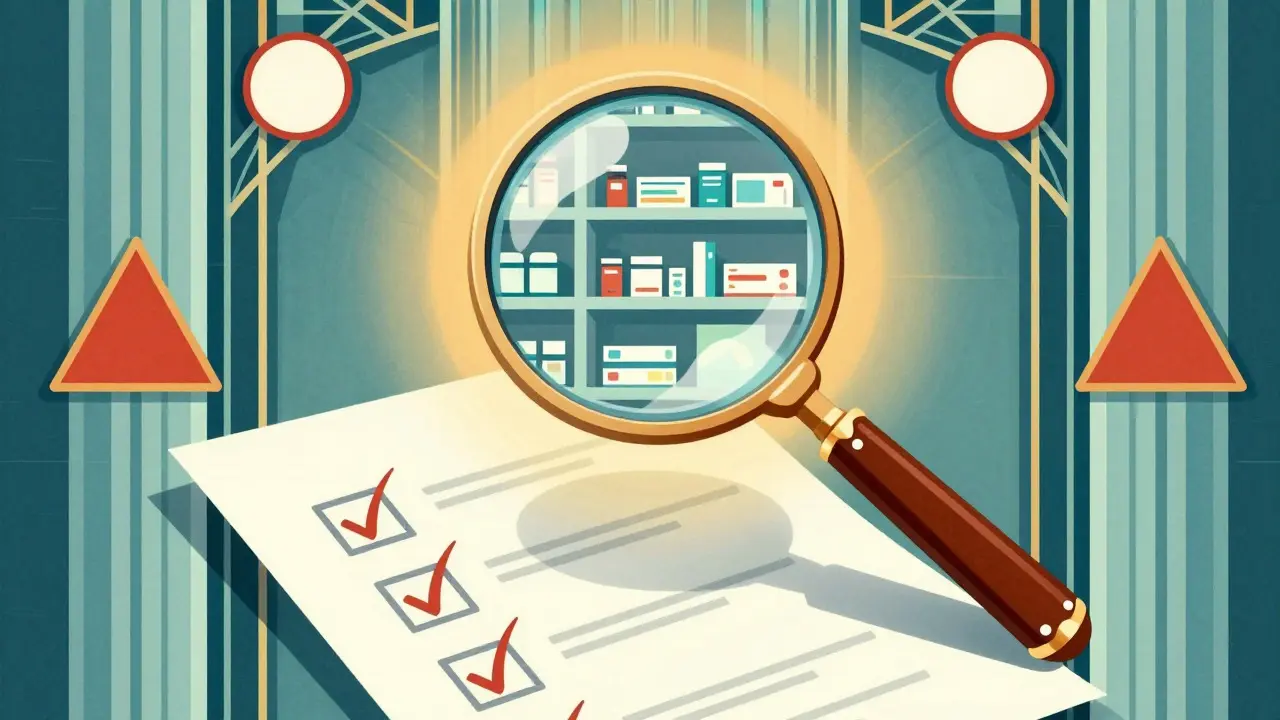 Art deco illustration of a magnifying glass inspecting safety seals, representing verified online pharmacies.