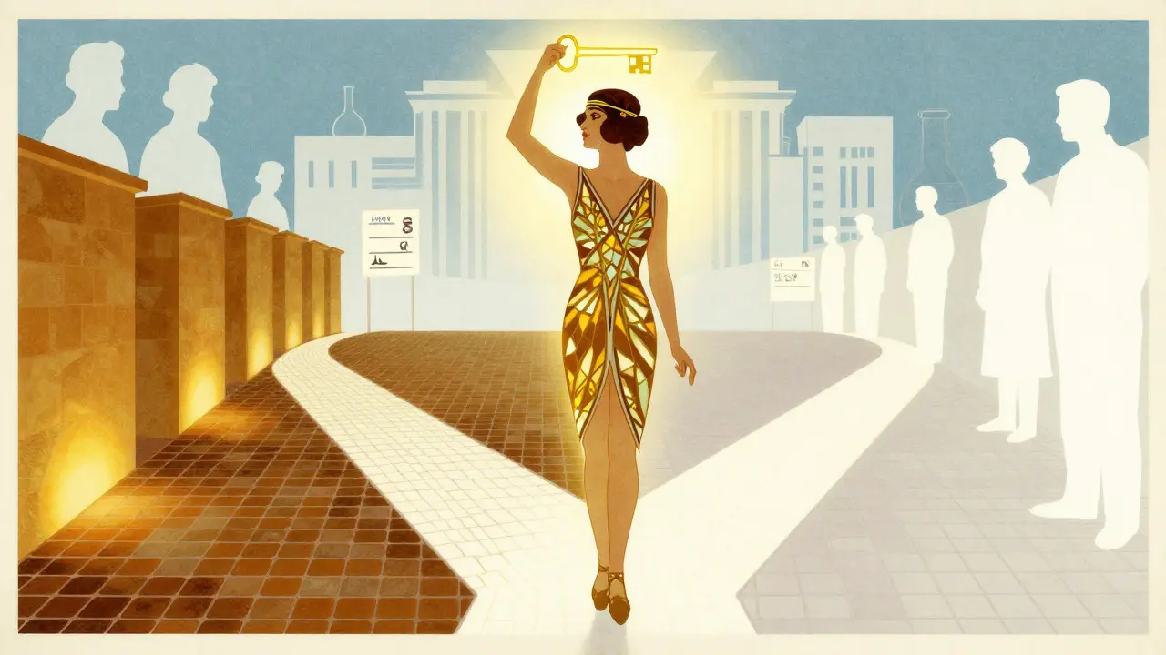 Art Deco illustration of a patient choosing an affordable biologic treatment path