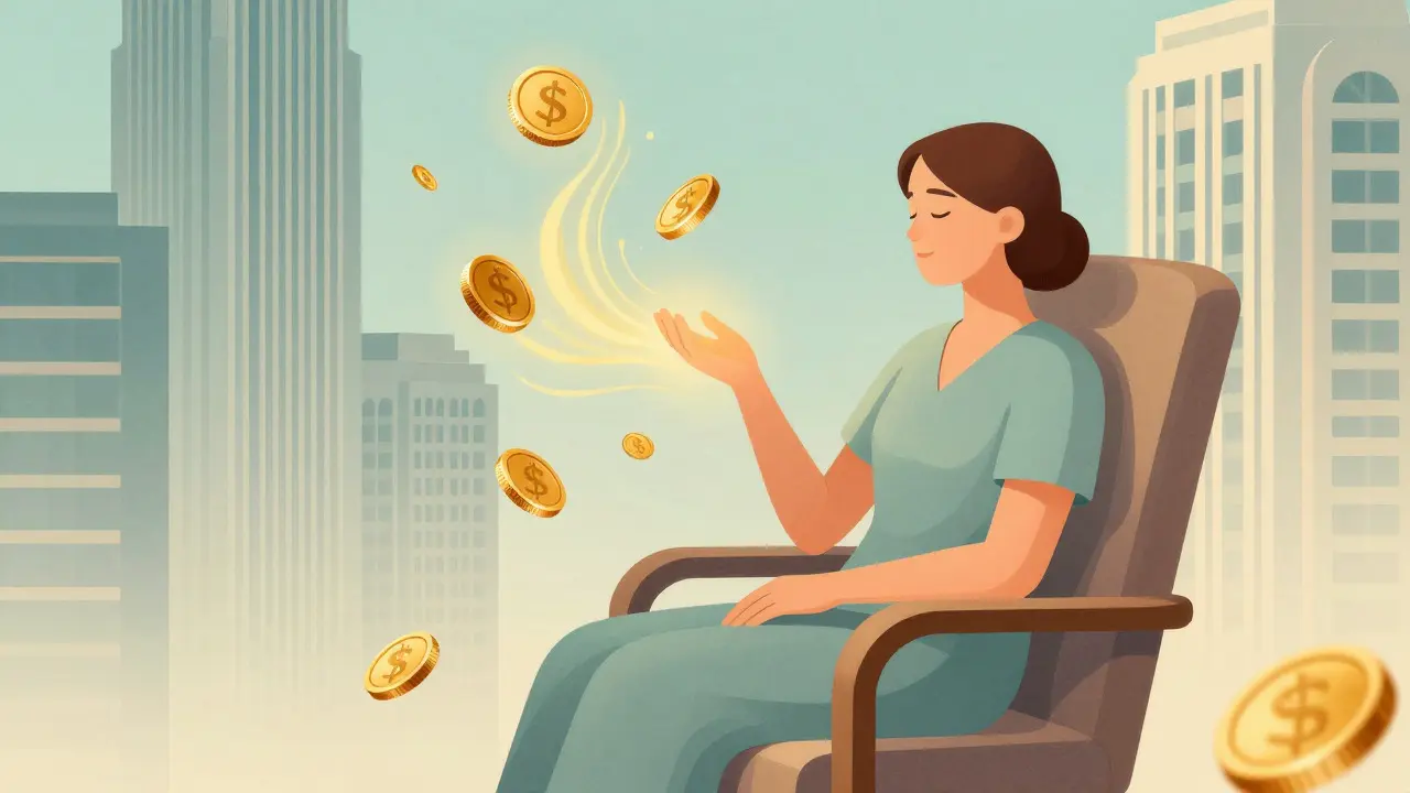 Art Deco illustration of a patient with floating coins transforming into healing energy