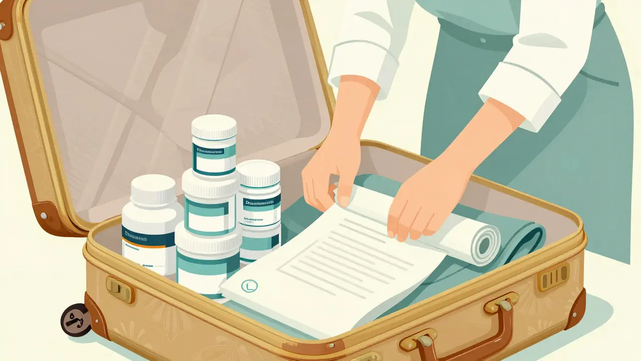 Art Deco illustration of organized travel meds and documents