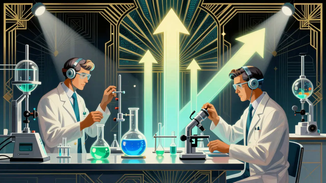 Art Deco illustration of scientists innovating in a retro-futuristic laboratory.