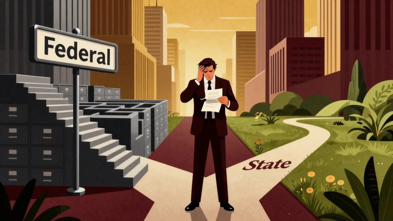 Art Deco lawyer at a crossroads choosing between complex federal and simple state paths