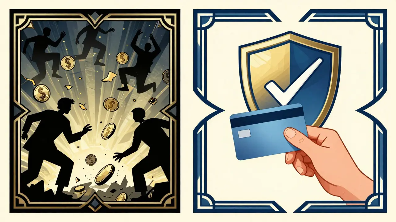 Art Deco poster contrasting risky shopping with a secure, shielded path for buying medication online safely.