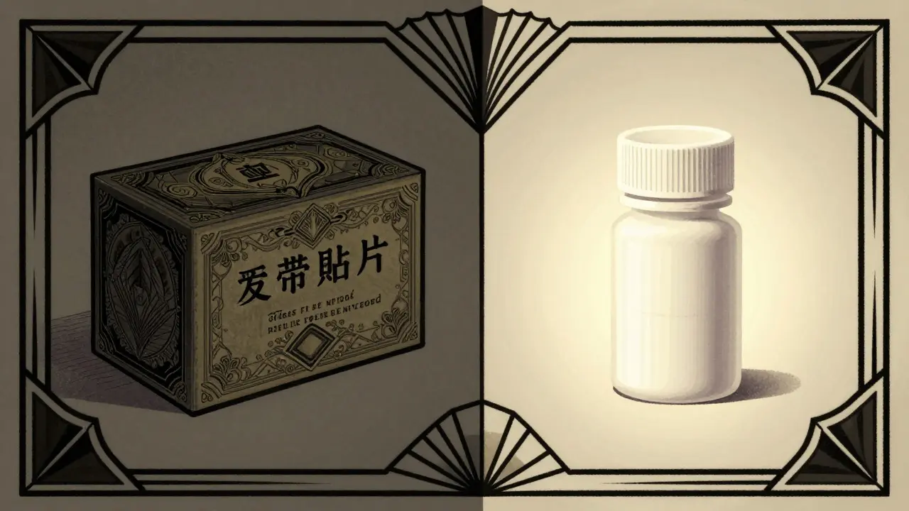 Art Deco split-screen comparing a complex box with a simple glowing capsule