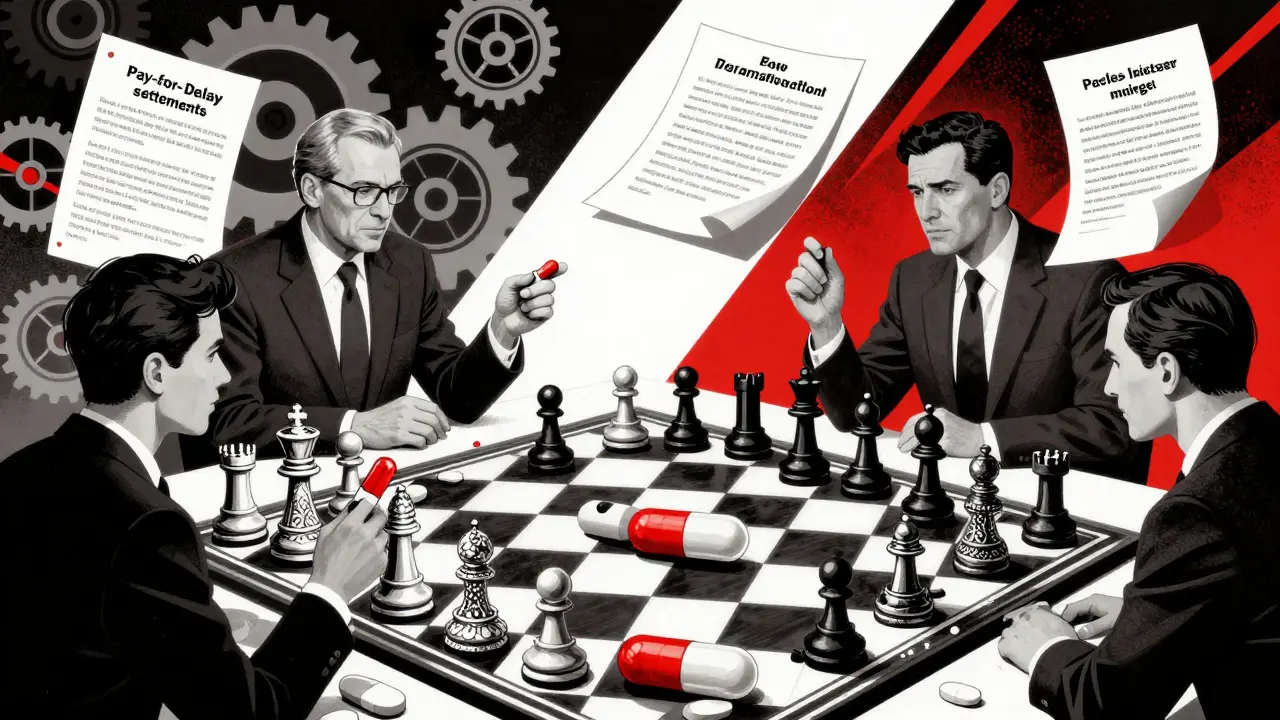 Art Deco style chess game between brand and generic drug manufacturers.
