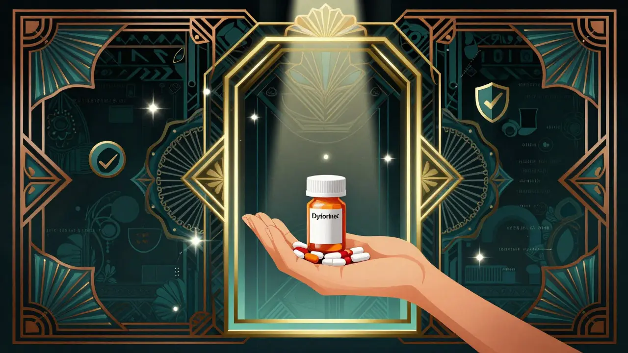 Art deco style image showing a secure digital portal delivering prescription pills, emphasizing safe online purchase.