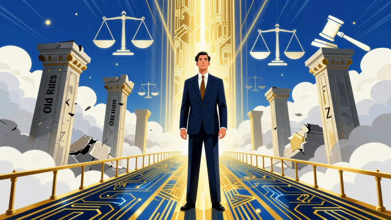 Art Deco vision of future legal harmony with attorney on a bridge towards new rules