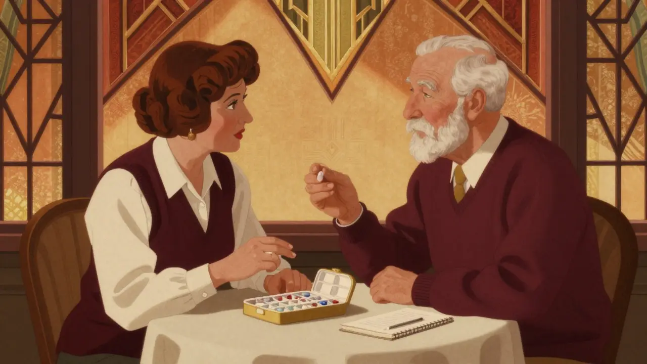 Caregiver explaining medication routine to an elderly patient at a dining table
