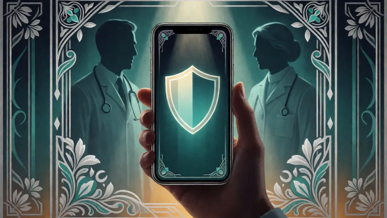 Hand holding phone with safety shield icon in Art Deco style