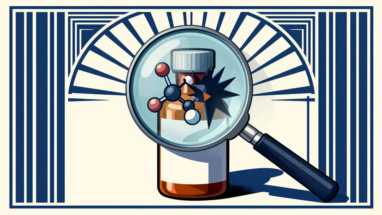 Magnifying glass inspecting a medicine bottle for authenticity in an Art Deco design