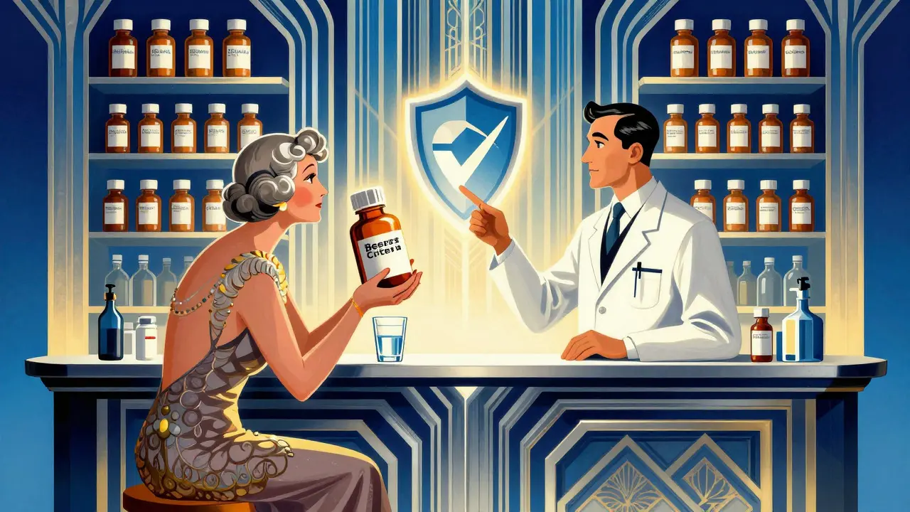 Pharmacist consulting with a senior about medication safety in an Art Deco pharmacy