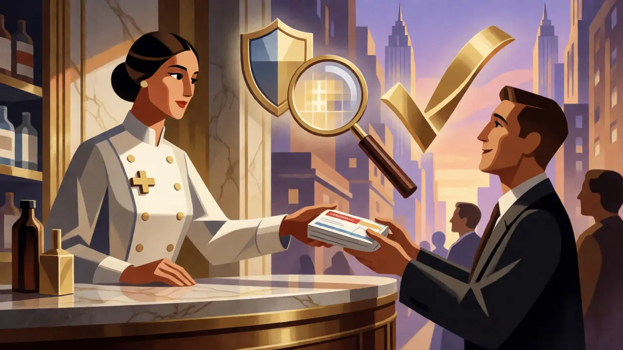 Pharmacist handing a verified medicine box to a relieved customer in Art Deco style.