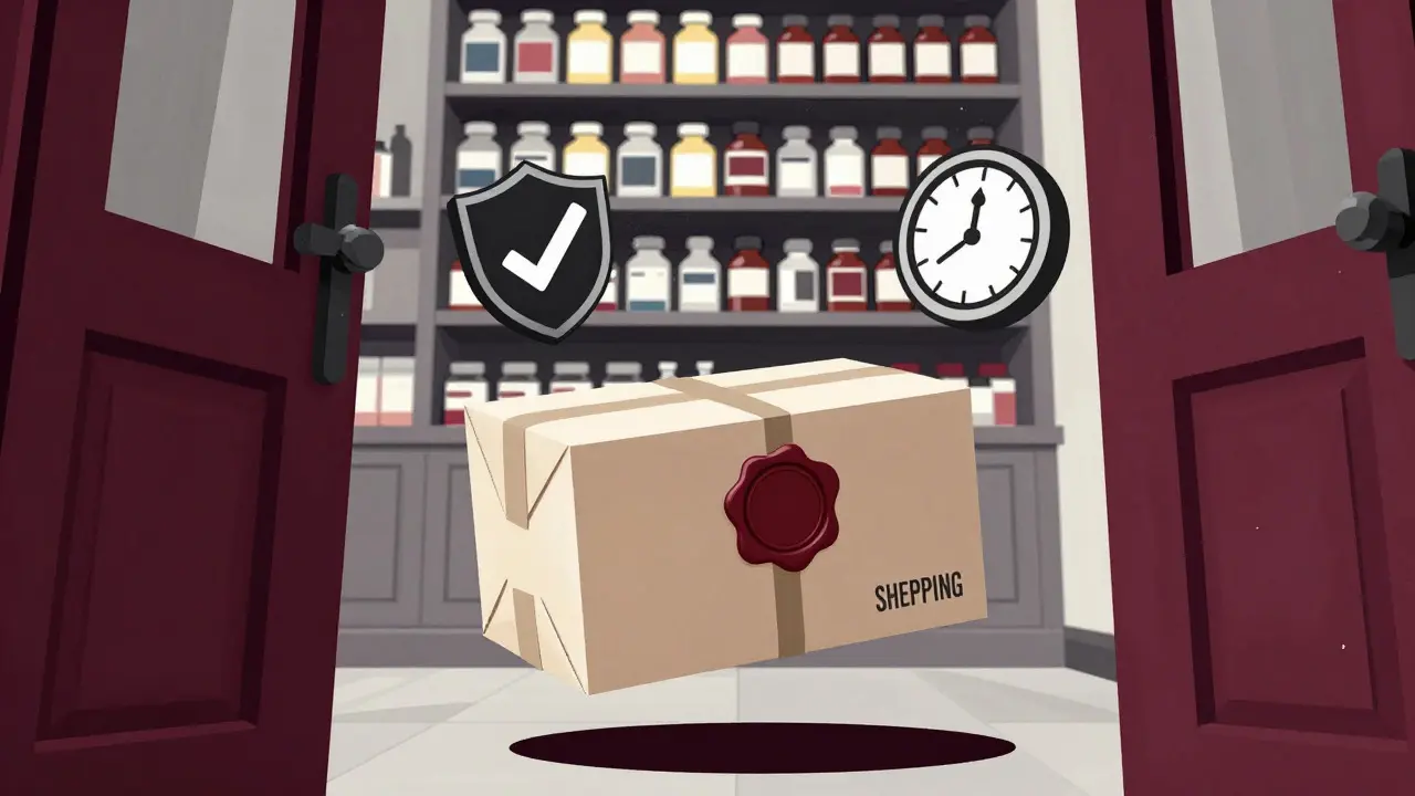 Secure medicine package delivered to a doorstep with protective symbols in Art Deco style