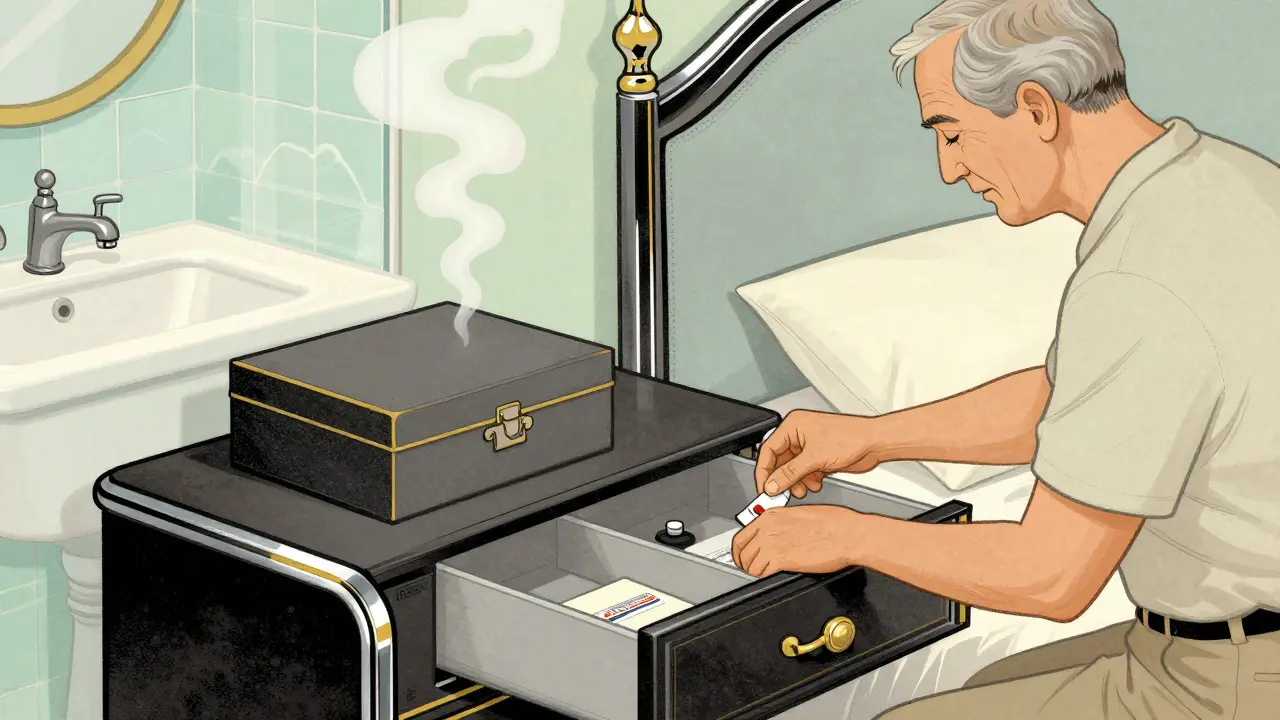 Senior man storing pills in a cool drawer within an Art Deco bedroom setting