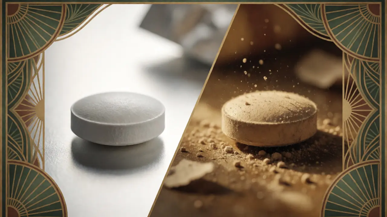 Split-screen Art Deco art comparing a perfect pill against a crumbling counterfeit.
