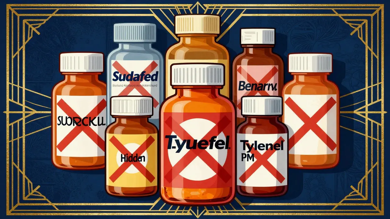Stylized Art Deco illustration of restricted medication bottles
