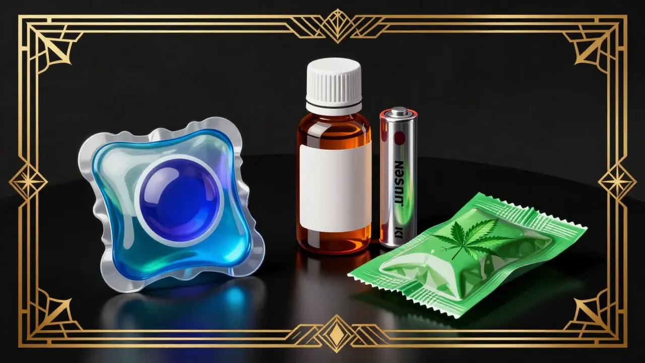 Stylized display of dangerous household items like pods and batteries