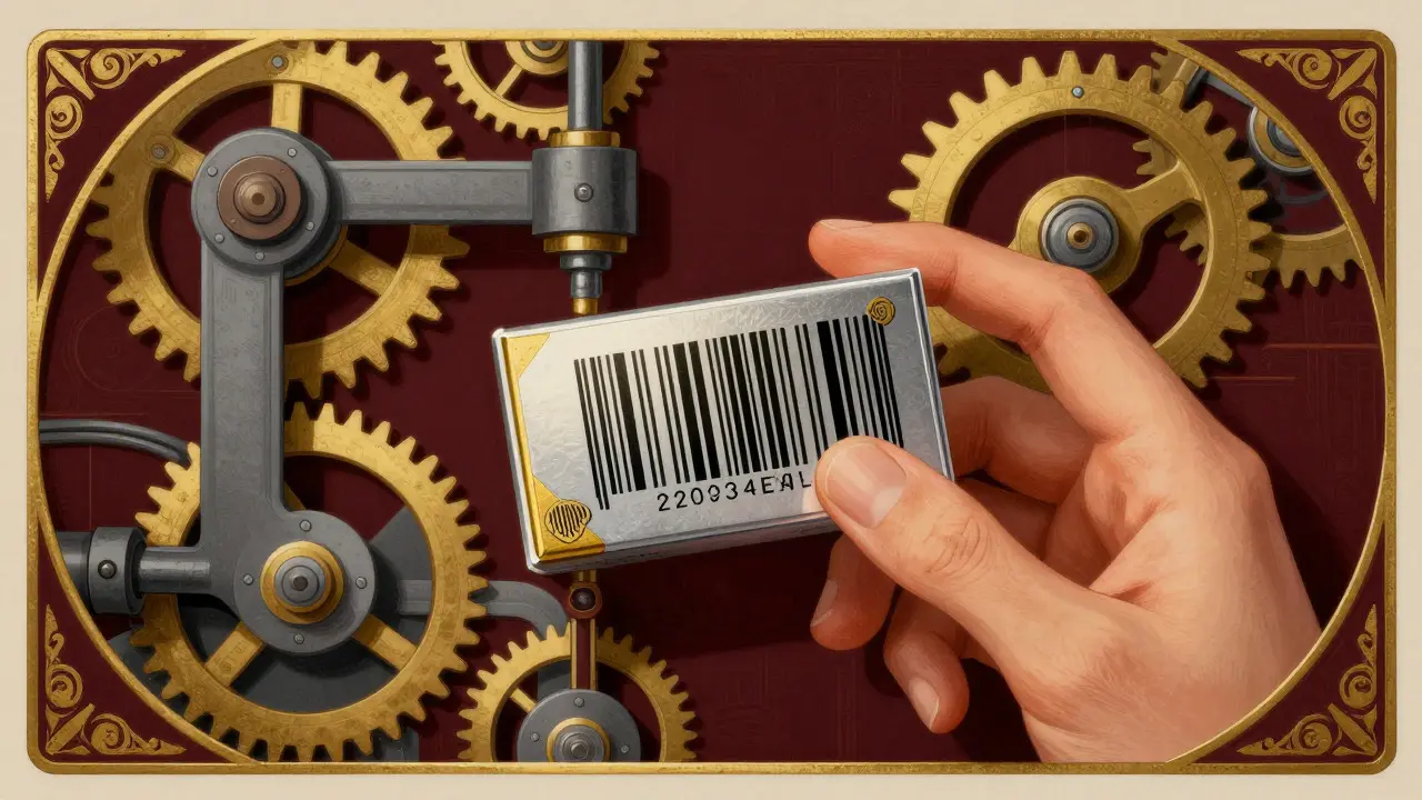 Stylized hand holding a medicine box with a geometric barcode in Art Deco style