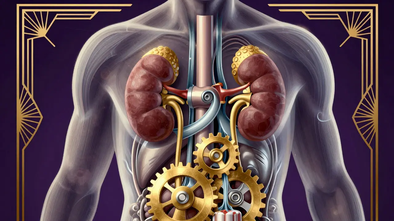 Stylized illustration of internal organs showing kidney function in an aging body