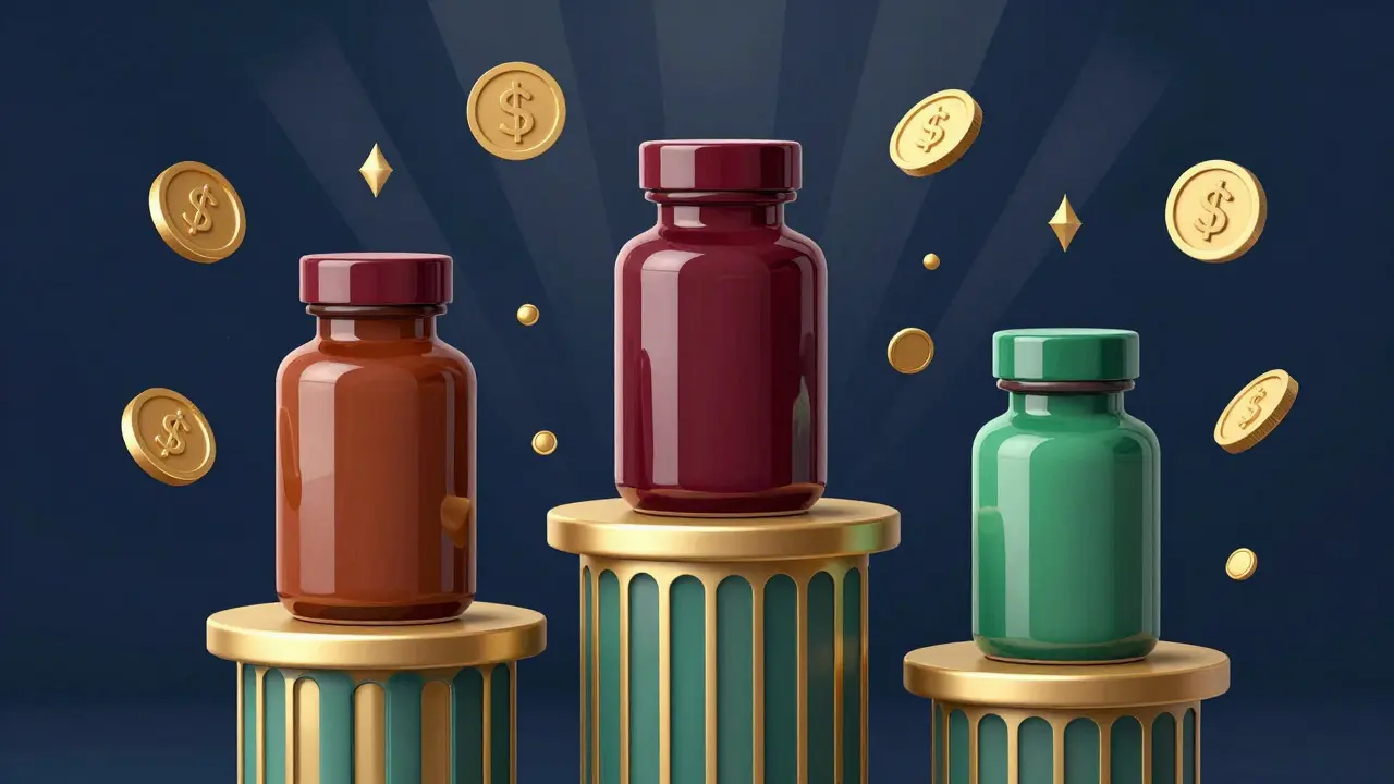 Three geometric medicine bottles on pedestals with floating gold coins in an Art Deco setting